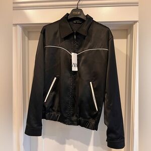 Zara Black Bomber Jacket with White Contrast Piping